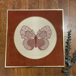 Vintage Butterfly Needlepoint Art in Gold Frame